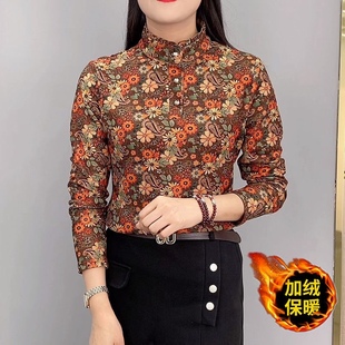秋冬小衫 洋气宽松遮肚中老年女装 立领弹力加绒加厚打底衫 妈妈时尚