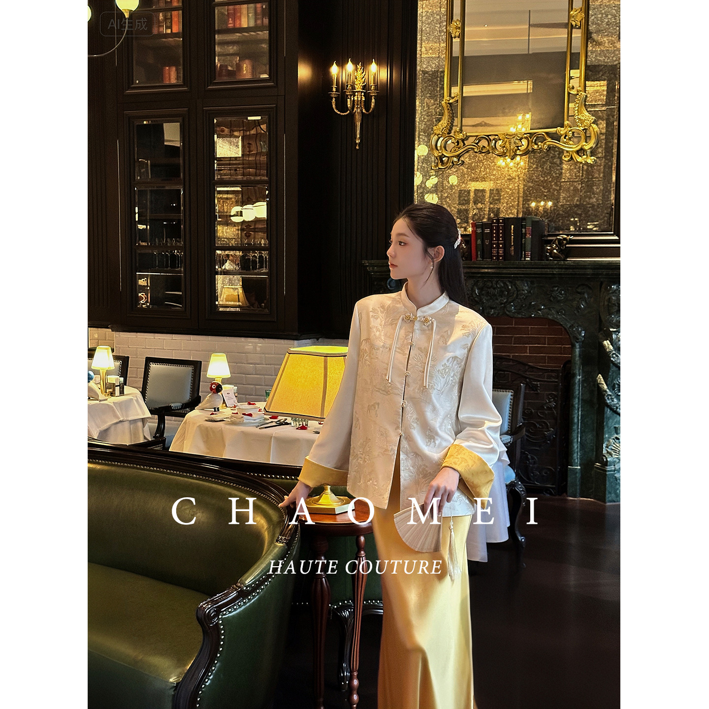 冯（CHAOMEI【琼华】国风新中式女装定位绣花醋酸外套+吊带裙套装