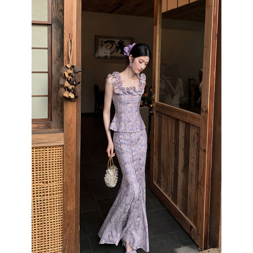 MOPASSANT【仲夏之夜 】法式巨好看新款蔷薇紫花边马甲半裙套装