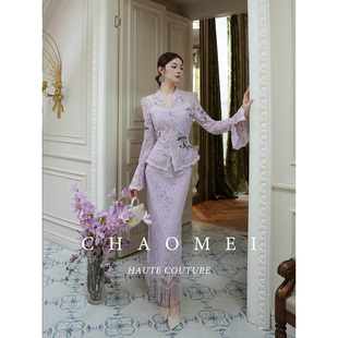 冯（CHAOMEI【紫藤月】千金风法式常规紫罗兰色定位刺绣蕾丝套装