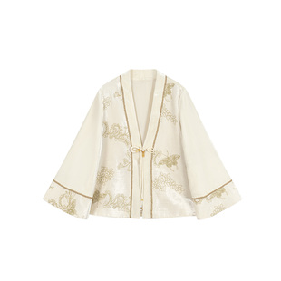 年终特惠【芙蓉月】新中式国风新款人造丝米杏色外套