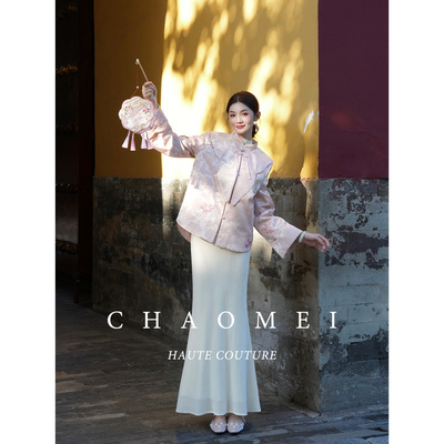 冯（CHAOMEI【粉格格】国风新中式桃夭粉羽绒服外套