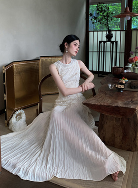 MOPASSANT【白茉莉 】2026超好看连衣裙女夏季无袖网纱拼接白色裙