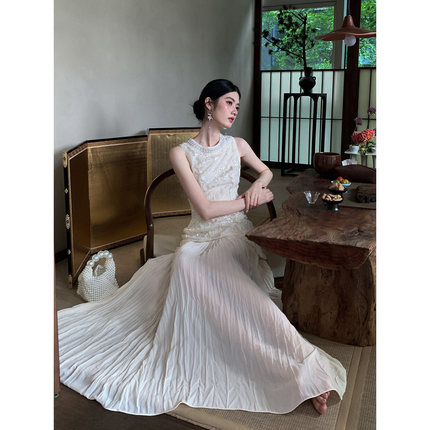MOPASSANT【白茉莉 】2026超好看连衣裙女夏季无袖网纱拼接白色裙