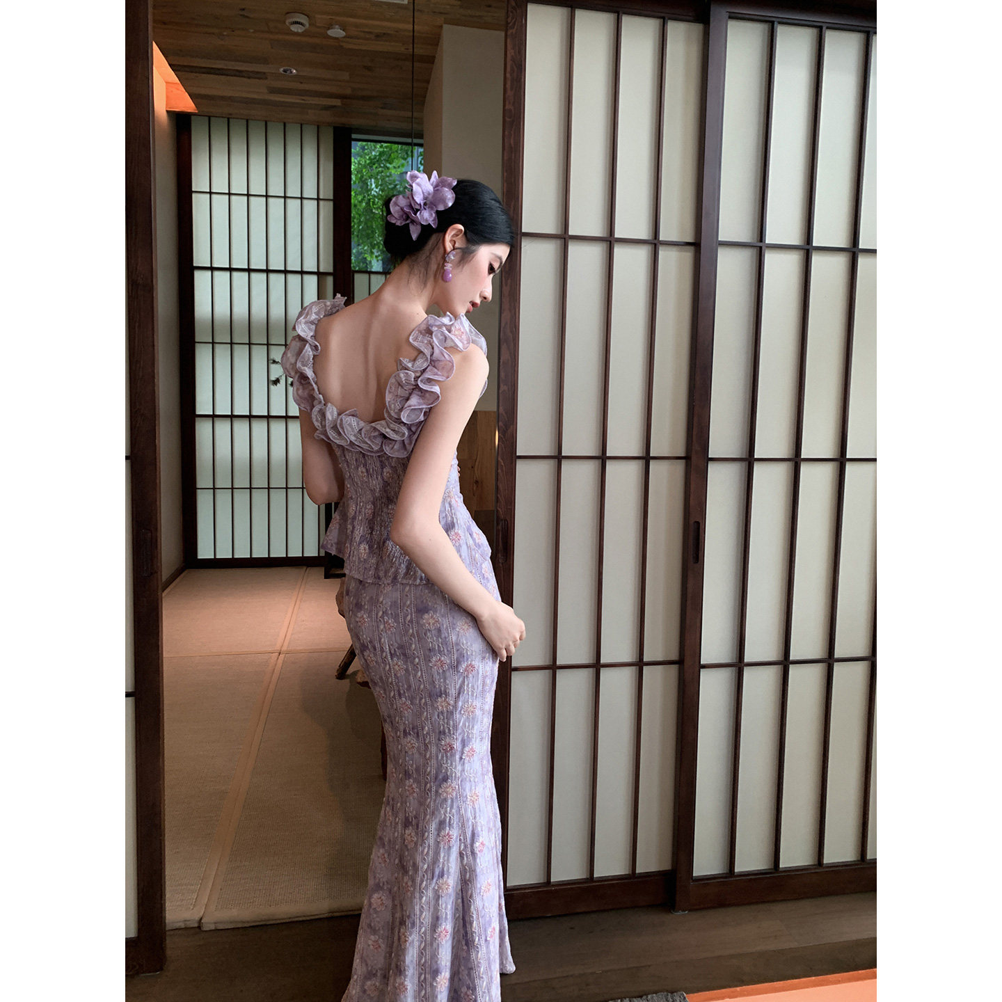 MOPASSANT【仲夏之夜 】法式巨好看新款蔷薇紫花边马甲半裙套装