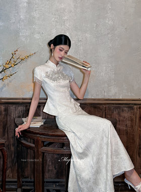 MOPASSANT【知锦】新中式白色流苏婚礼系列订婚新娘刺绣汉服套装