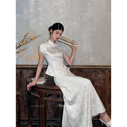 MOPASSANT【知锦】新中式白色流苏婚礼系列订婚新娘刺绣汉服套装