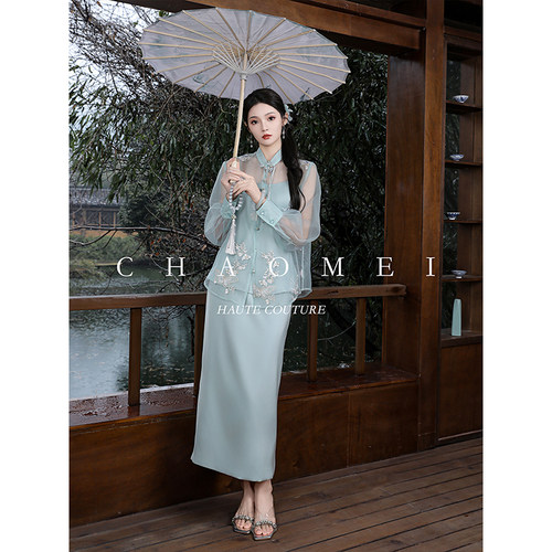 冯（CHAOMEI【蓝蝶韵】海水蓝时尚套装仙气新中式显瘦蕾丝三件套