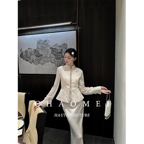 冯（CHAOMEI【月白赋】国风新中式女装羊毛醋酸外套醋酸半裙套装