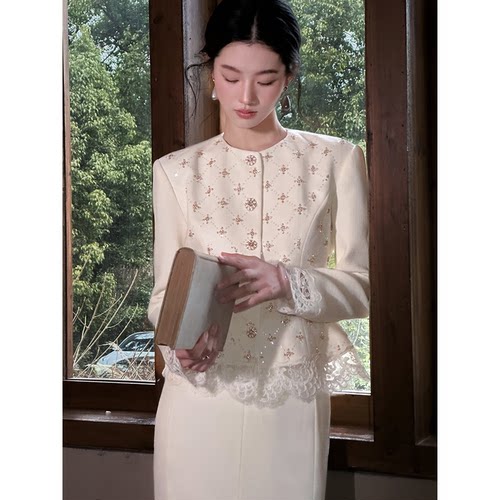 闭店清仓【星华】新中式春夏钉珠修身蕾丝拼接套装女