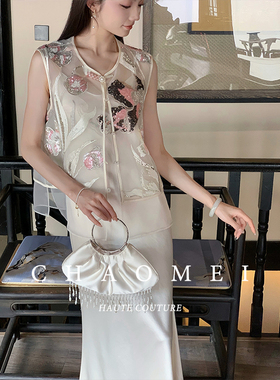 冯CHAOMEI【花想容】新中式门禁珠扣缎面绣花马甲套装