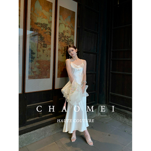 新中式 冯 夏季 白桃桃 刺绣内搭醋酸吊带鱼尾连衣裙 CHAOMEI