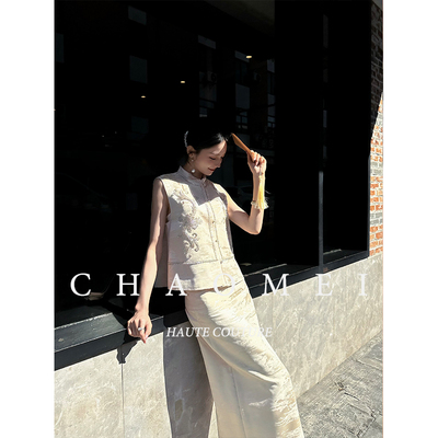 醋酸绣花无袖马甲裙子两件套