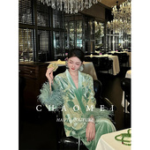 丝绒吊带裙套装 年终特惠 女装 鸵鸟毛外套 青雀羽 国风新中式