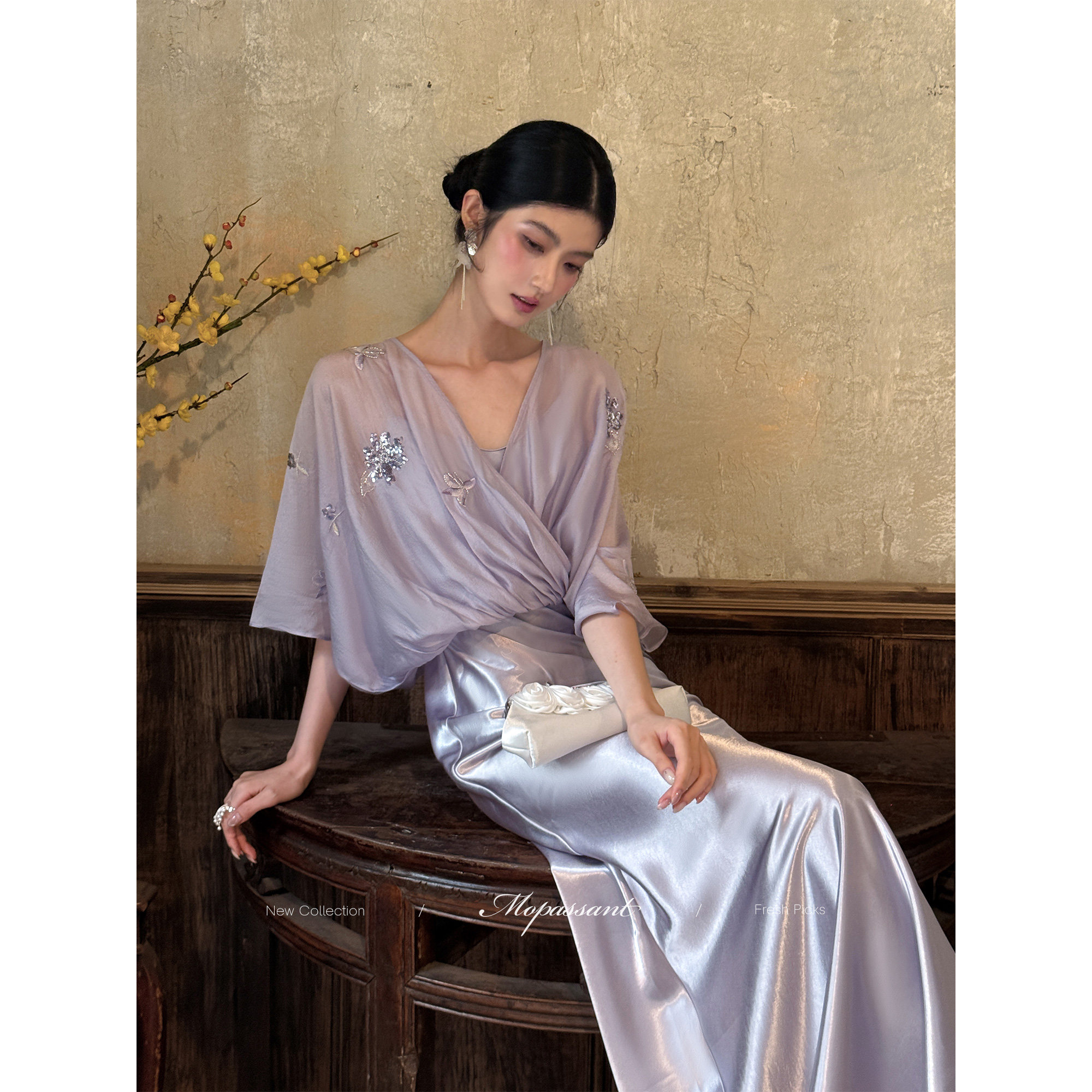 MOPASSANT【紫茉香】新中式夏季紫罗兰蕾丝拼接鱼尾连衣裙