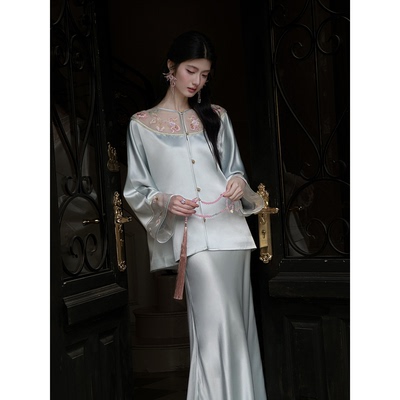 MOPASSANT 【青瑶】新中式春夏清冷感蕾丝拼接刺绣醋酸套装