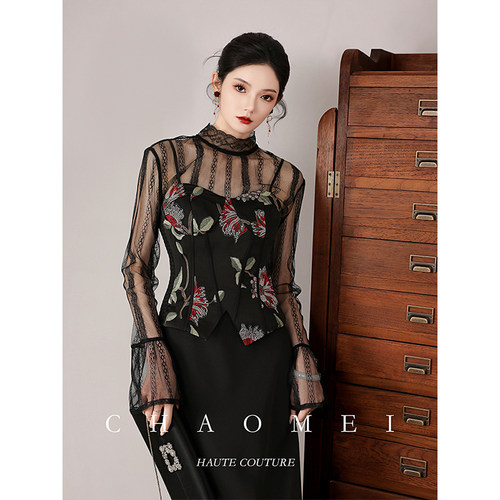 黑色蕾丝套装轻奢气质法式小众