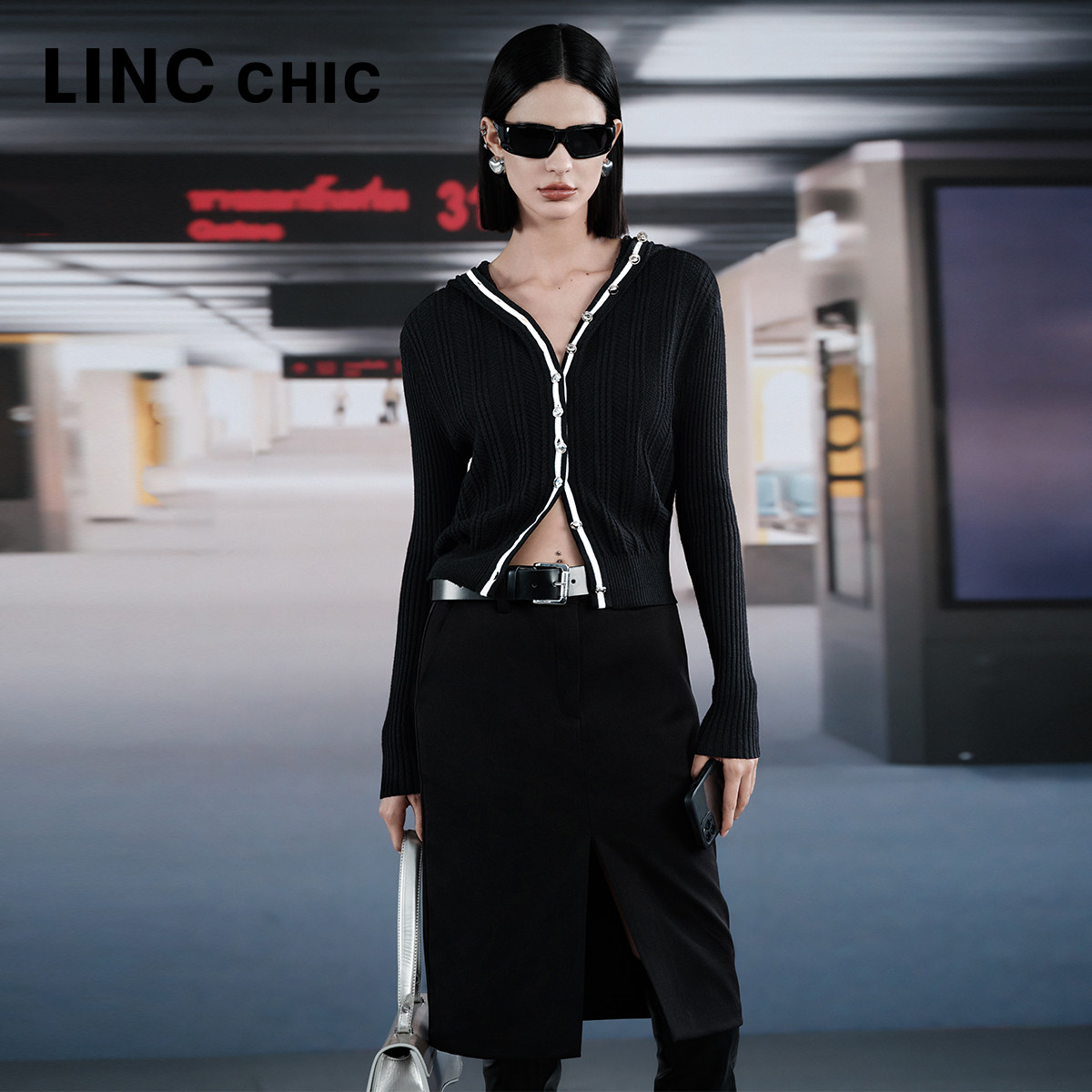 LINC金羽杰连帽针织衫毛衣开衫修身绵羊毛针织开衫女S233CR398Y