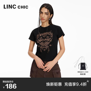 女性感插肩短袖 圆领T恤女S242FK340Y 上衣短袖 LINCCHIC金羽杰修身