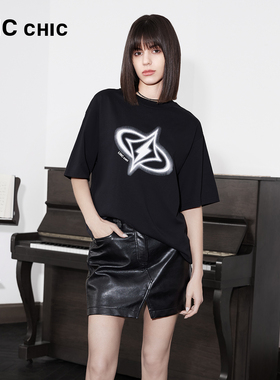 LINCCHIC金羽杰夏季新款短袖圆领廓形印花大T恤女S242TS192Y