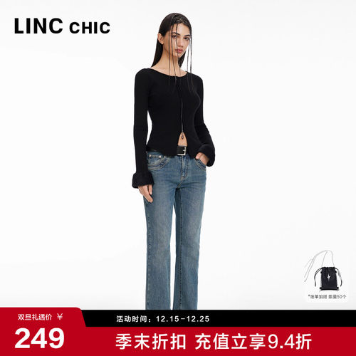 奥莱中高腰弹力微喇复古蓝牛仔裤