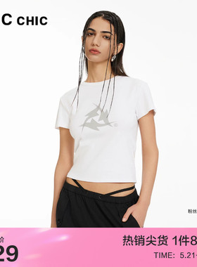 LINCCHIC金羽杰短袖女T恤夏正肩复古截短修身T恤女S242TS194Y