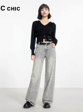 LINC金羽杰阔腿牛仔裤女2025新款裤子直筒裤闪钻牛仔裤女JE002Y