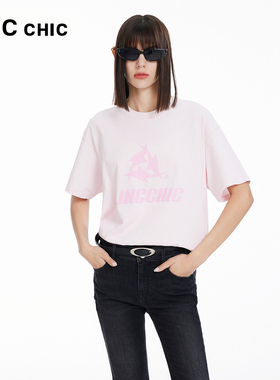 LINCCHIC金羽杰新款短袖夏微落肩圆领廓形印花大T恤女S241TS034Y