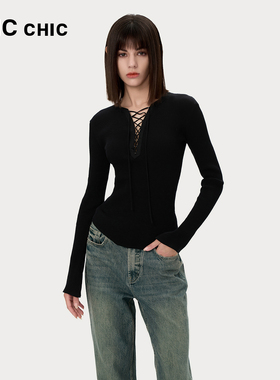 LINCCHIC金羽杰内搭打底衫女修身绑带设计针织衫女上衣S243SW532