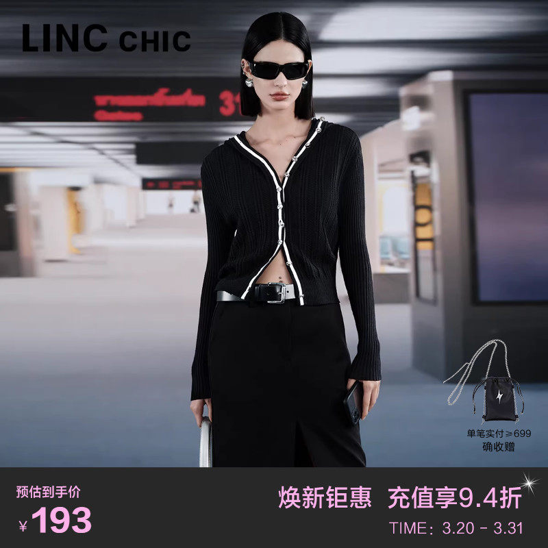 LINC金羽杰连帽针织衫毛衣开衫修身绵羊毛针织开衫女S233CR398Y
