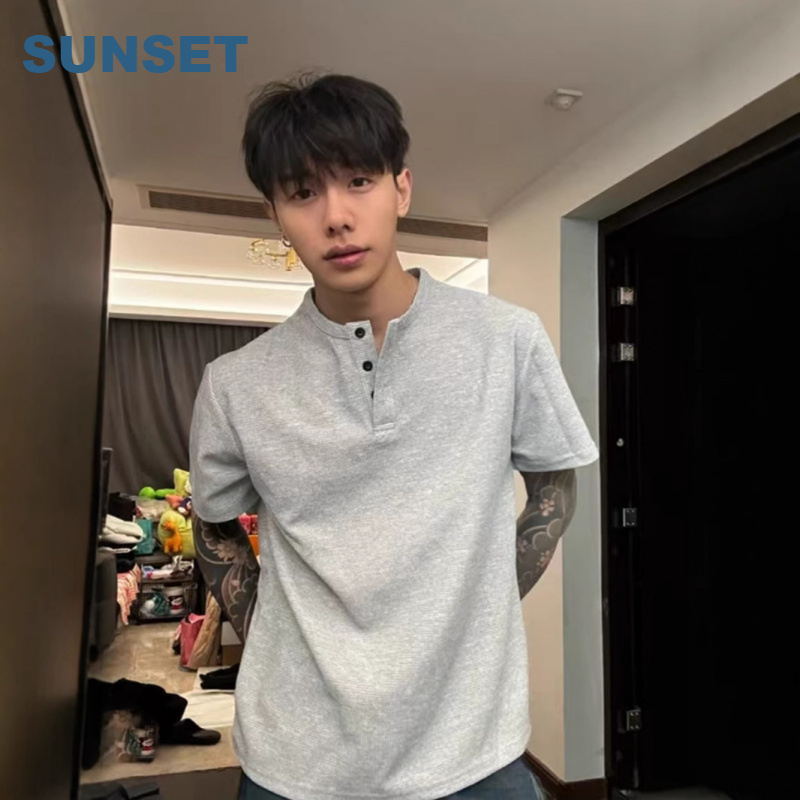 美式亨利领短袖男款夏季修身浅灰色正肩t恤cleanfit华夫格打底衫