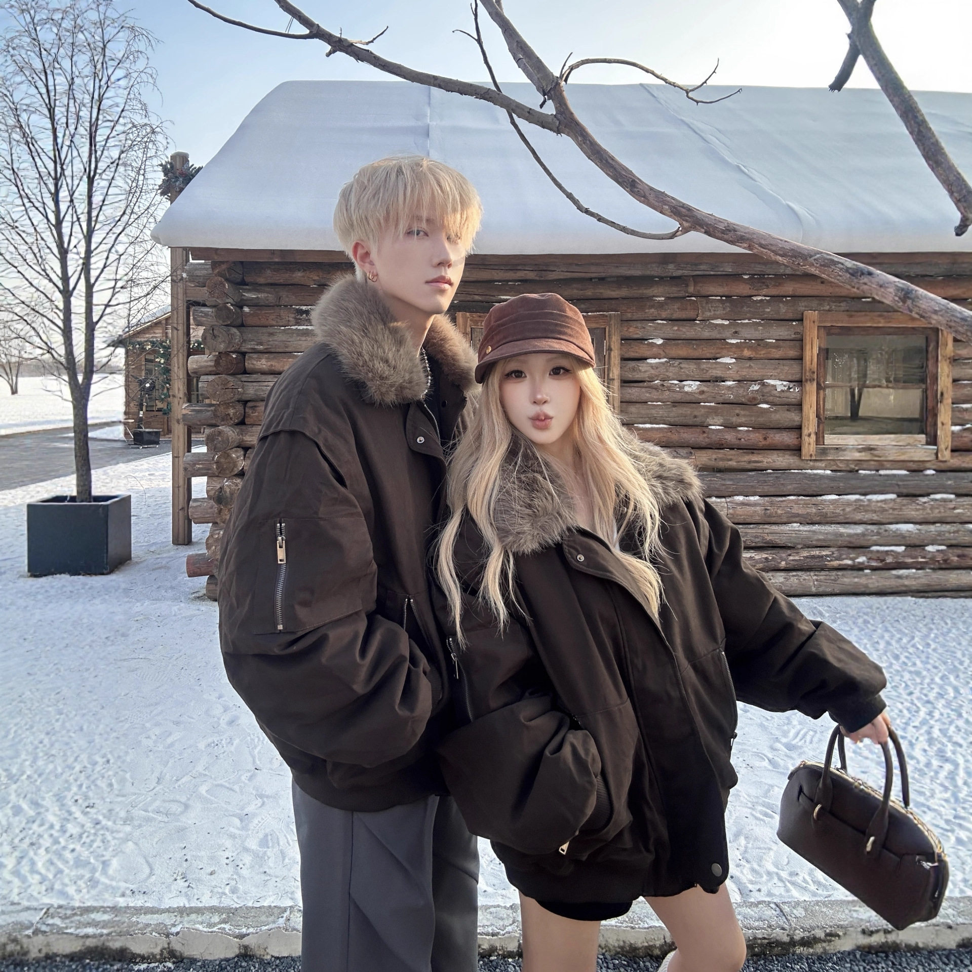 美式复古工装风毛领派克服男女加厚保暖夹克冬季棉服外套情侣装冬