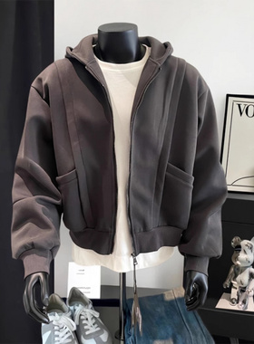 巴黎灰色短款卫衣男秋冬400g重磅硬挺美式拉链外套解构拼接连帽衫