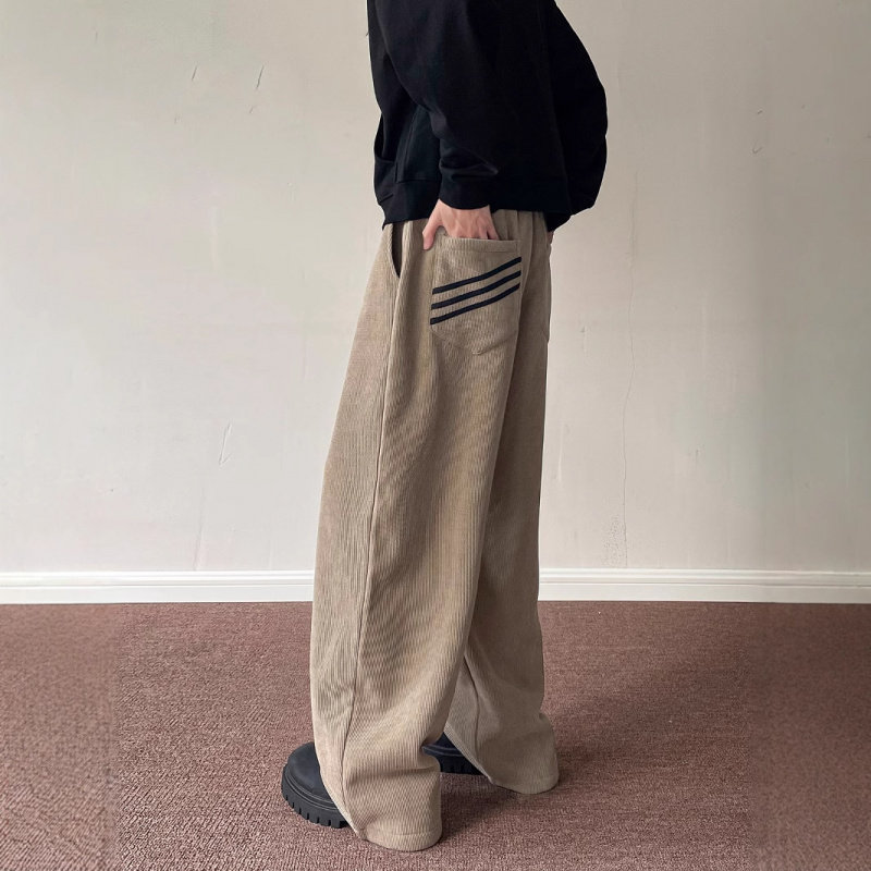 慵懒风阔腿裤三条杠卫裤男灯芯绒拖地休闲裤美式垂坠感直筒裤子潮