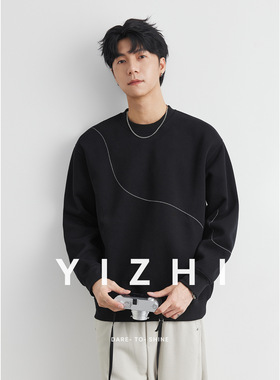 男装420G重磅线条刺绣圆领卫衣男春秋季2026新款宽松男士