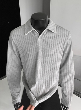 浅灰色老钱风翻领卫衣男款春秋麦穗纹长袖t恤cleanfit针织polo衫