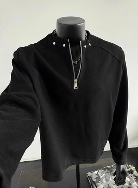 黑色半拉链垫肩卫衣男款秋冬美式正肩柳钉长袖T恤痞帅短款外套