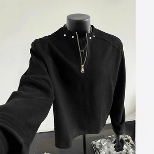 黑色半拉链垫肩卫衣男款秋冬美式正肩柳钉长袖T恤痞帅短款外套