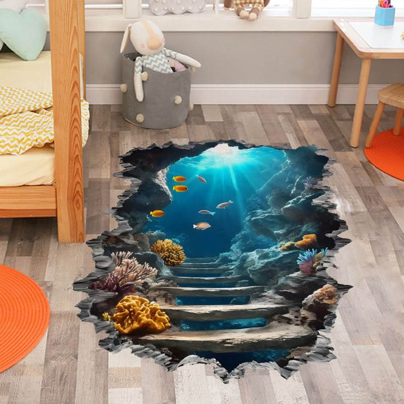 BM6089大号3D立体破墙效果海底世界破洞墙贴地板贴家居装饰墙贴画