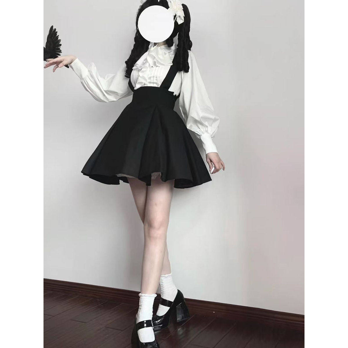 【黑鸢尾Lolita】哥特风设计感口水巾衬衫+收腰背带A字半身裙套装
