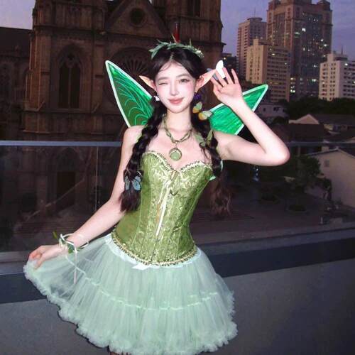 万圣节cos服装女小叮当小精灵翅膀超仙束腰裙子套装扮拍照道具饰