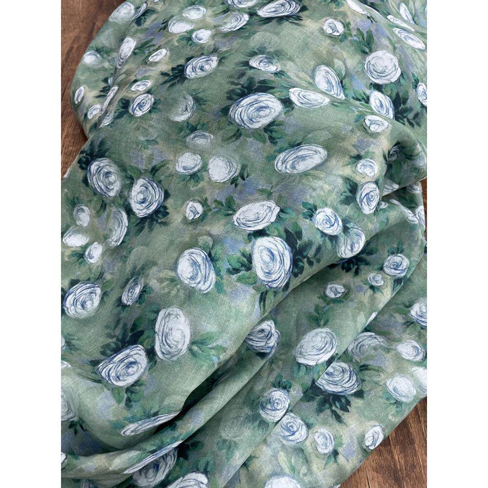 布久以逅夏季新款玫瑰印花油画系列纯苎麻布料品牌设计师服装面料