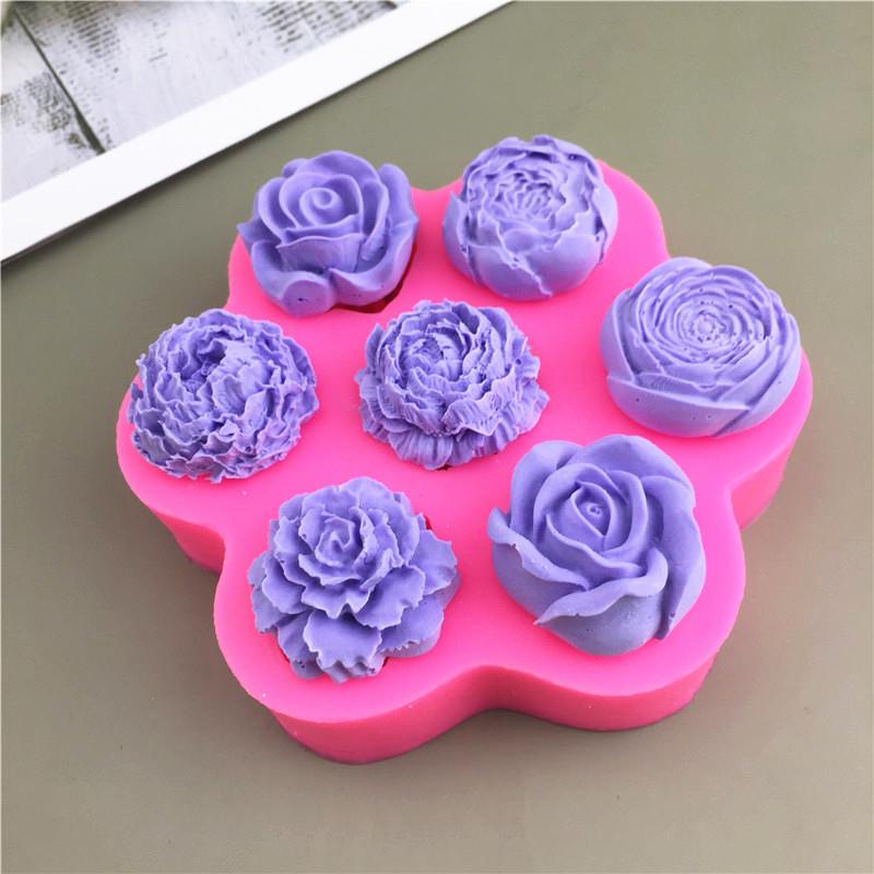 多款7孔玫瑰花牡丹花硅胶模具烘焙DIY蛋糕巧克力石膏滴胶蜡烛模具