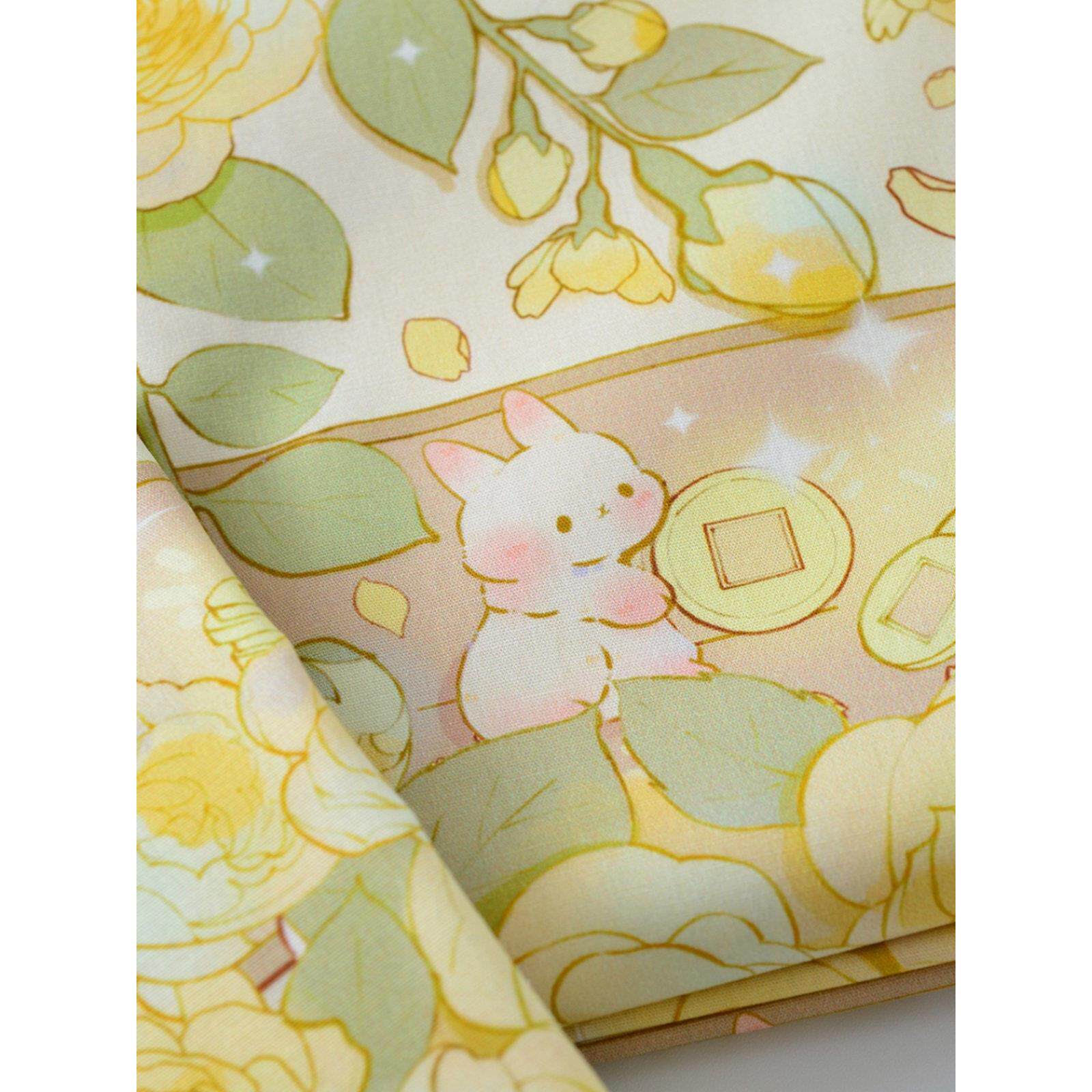 40支纯棉弹力府绸布料卡通插画棉布有弹服装面料金钱兔有求币应