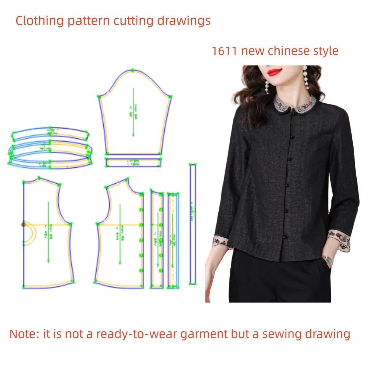 服装纸样裁剪图1611款女春夏香云纱翻领上衣diy样板图1:1设计制作