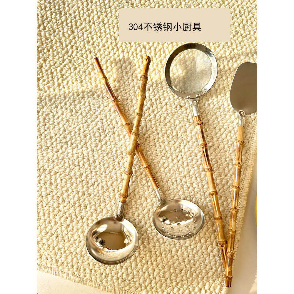真竹子汤勺漏勺304不锈钢竹节餐具厨具火锅勺铲子加长砂锅煲勺铲
