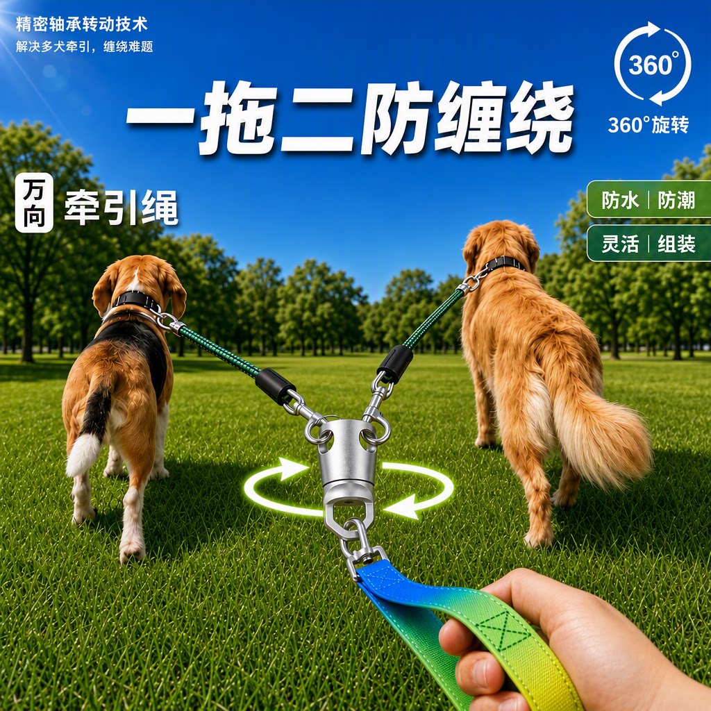 IDMG防缠绕牵引一拖二遛狗耐用360度旋转双头钩防缠绳狗狗牵引绳