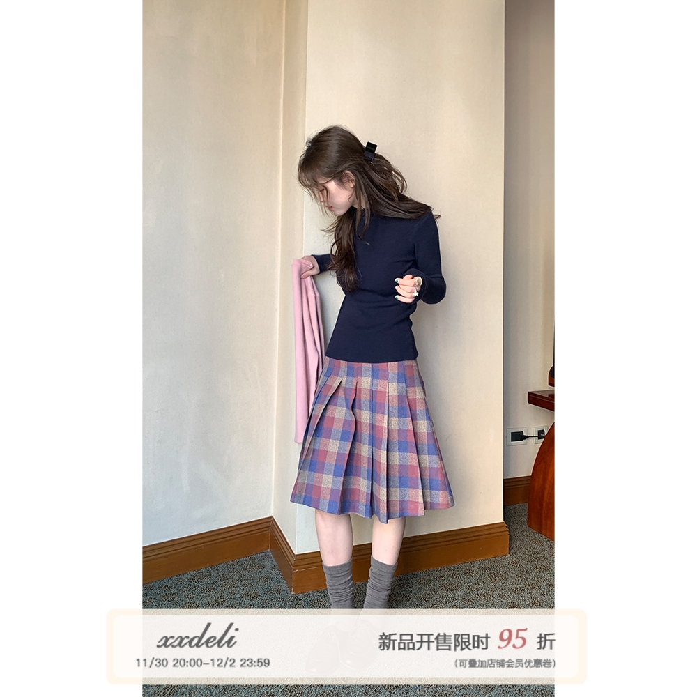 学院风格纹A字显瘦百搭百褶短裙