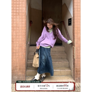 xxdeli香香 复古vintage拼接做旧牛仔裙百搭大裙摆半身A字裙 梨