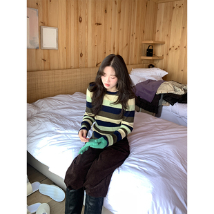 xxdeli香香的梨 文艺撞色条纹针织衫百搭显瘦修身彩色条纹打底衫